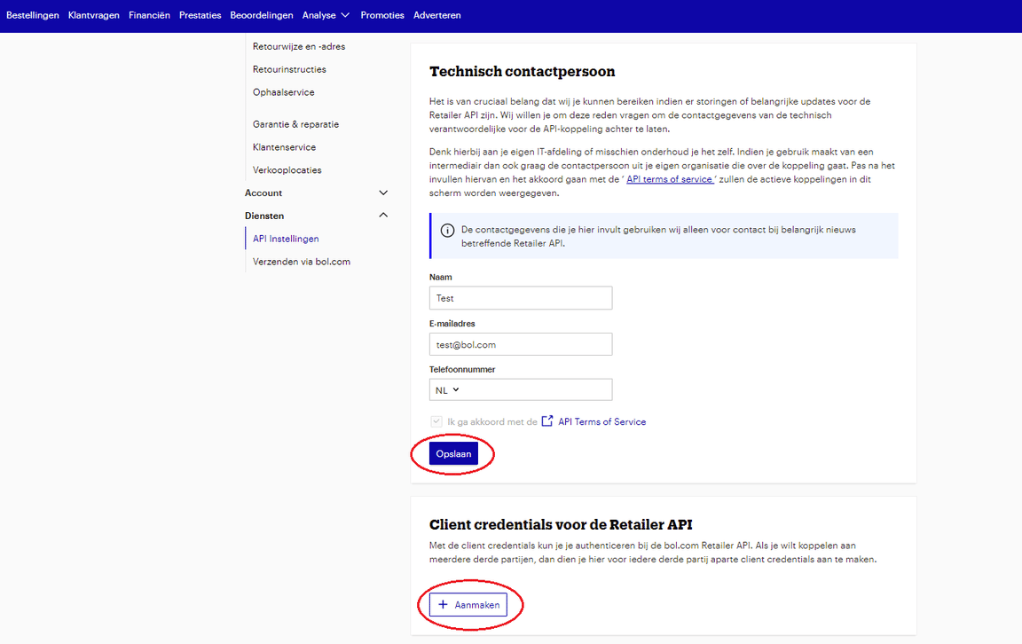 bol.com API settings showing the technical contact form