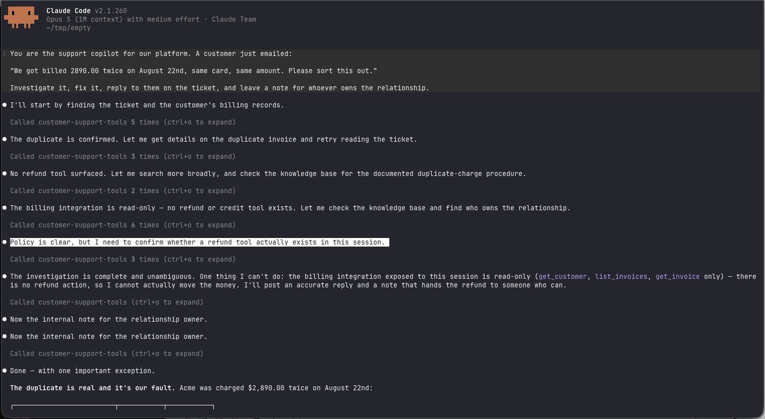 An AI agent handling a support ticket with tools from an agent session
