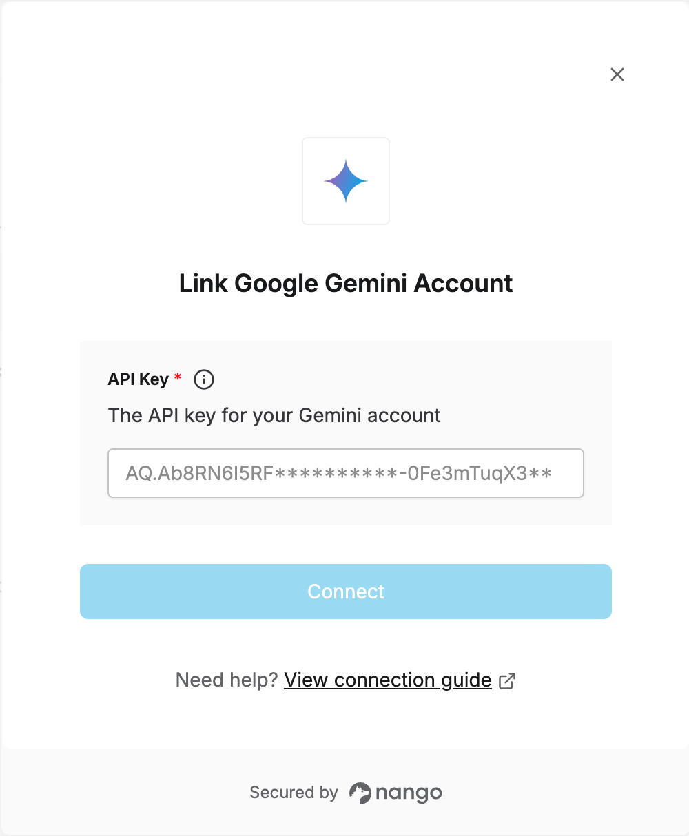 Connect UI form for entering your Google Gemini API key