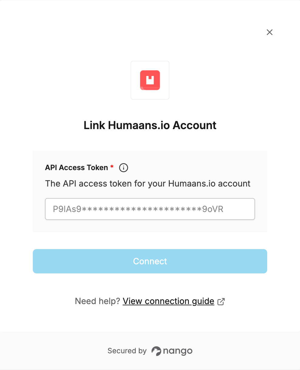 Humaans.io connection form with API Access Token field