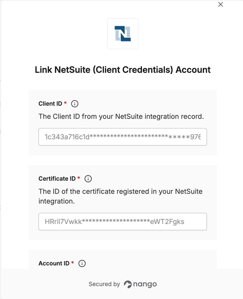NetSuite Client Credentials connection form