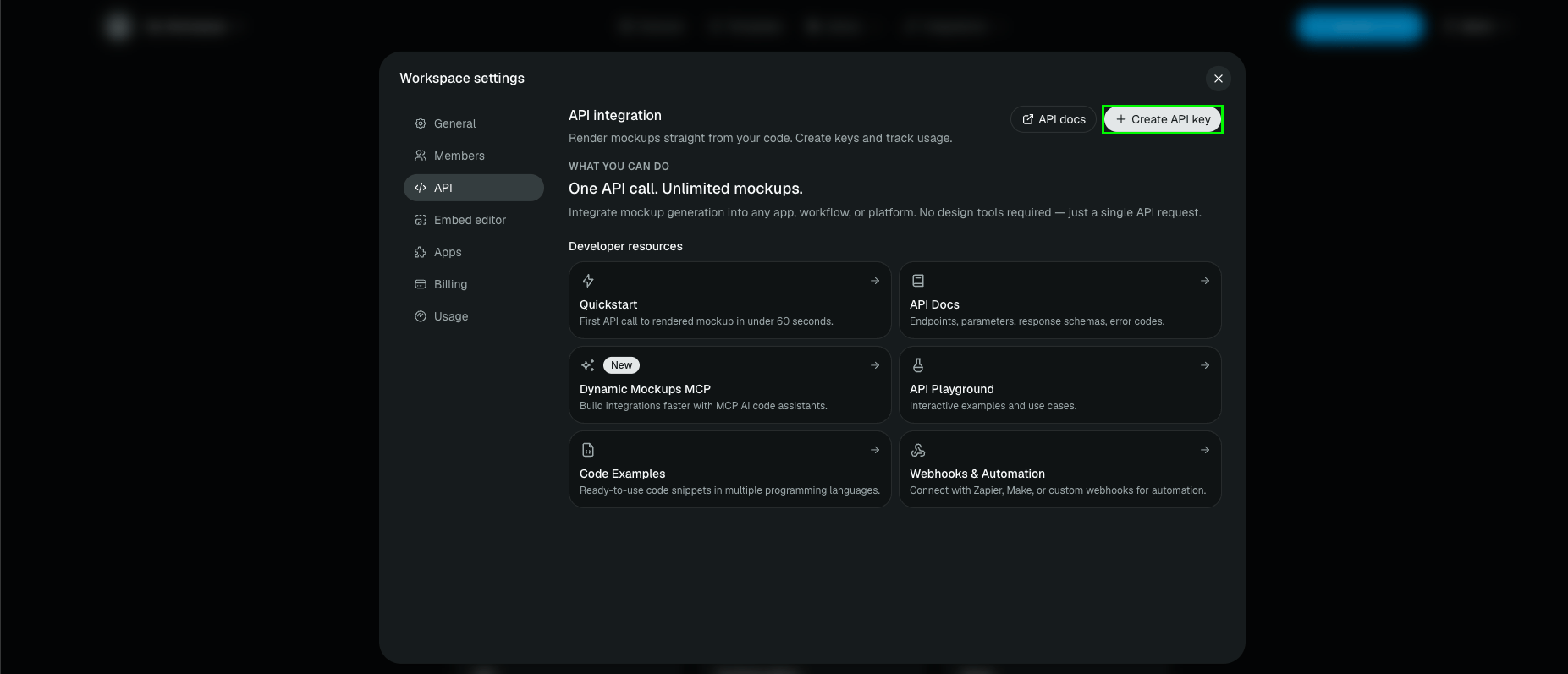 Dynamic Mockups API integration settings page with the Create API Key button
