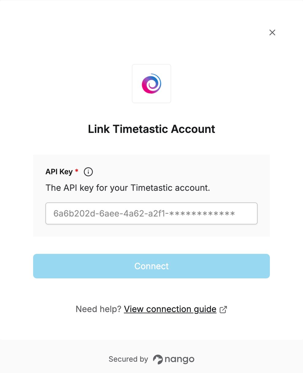 Timetastic Connect UI form with an API key field