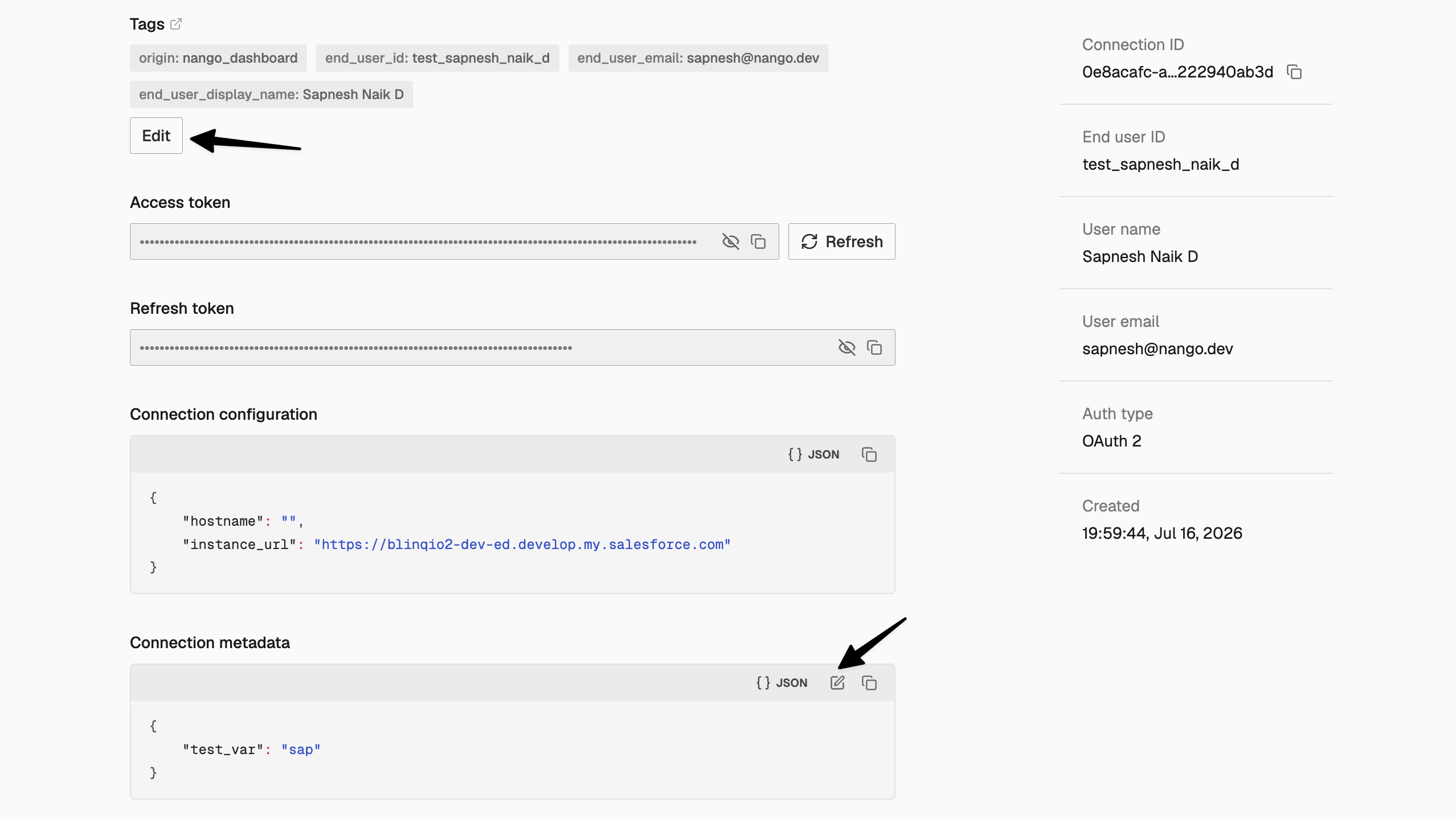 Editing tags and connection metadata on the connection page