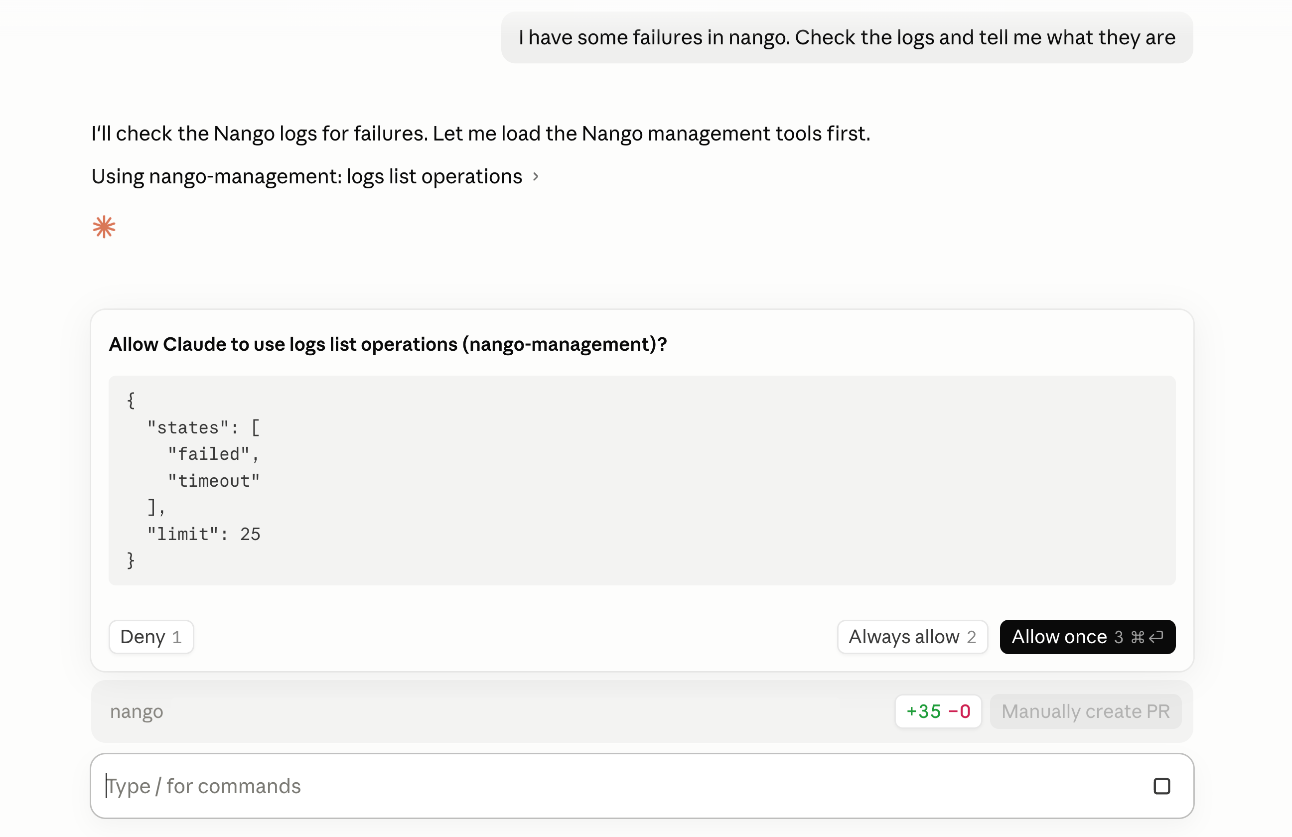 Claude Code querying Nango logs through the Management MCP server