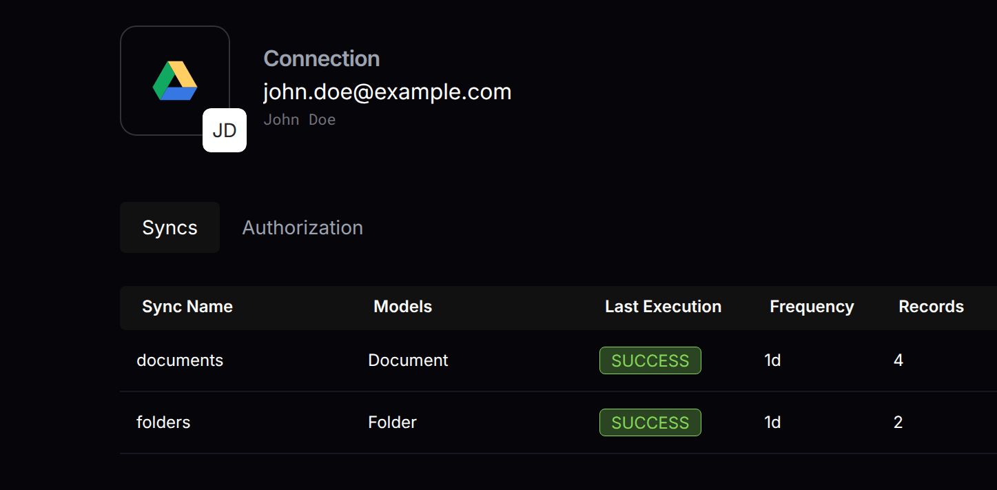 Nango dashboard showing sync status and file list