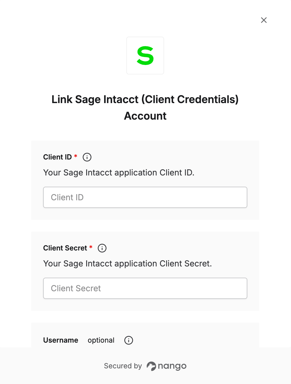 Sage Intacct Client Credentials connect form — Client ID and Client Secret only appear here if they weren't already registered on the integration