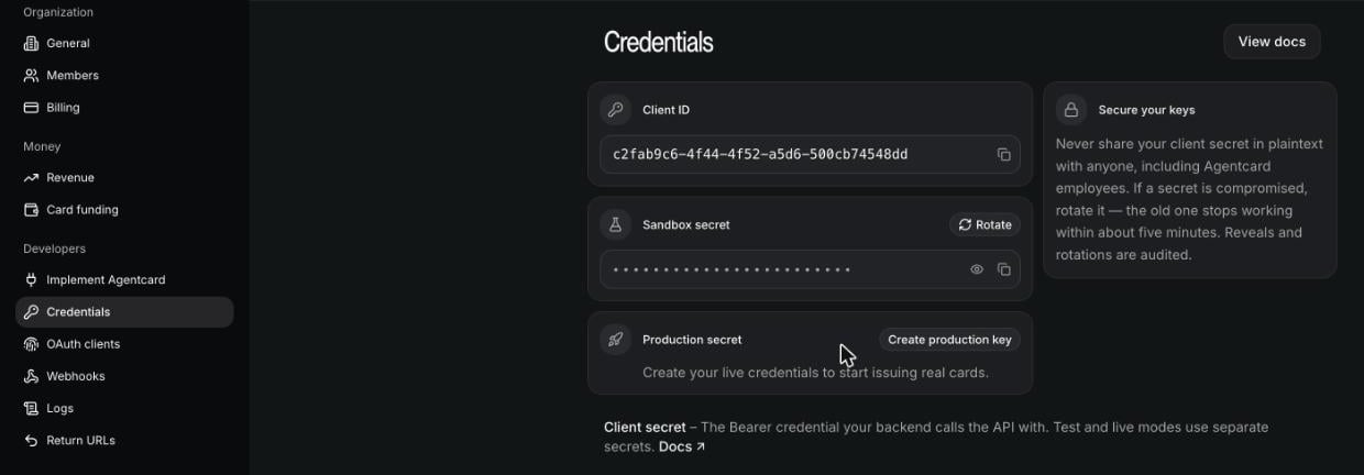 Agentcard Credentials page showing the Client ID and a masked sandbox secret under Settings, Developers, Credentials