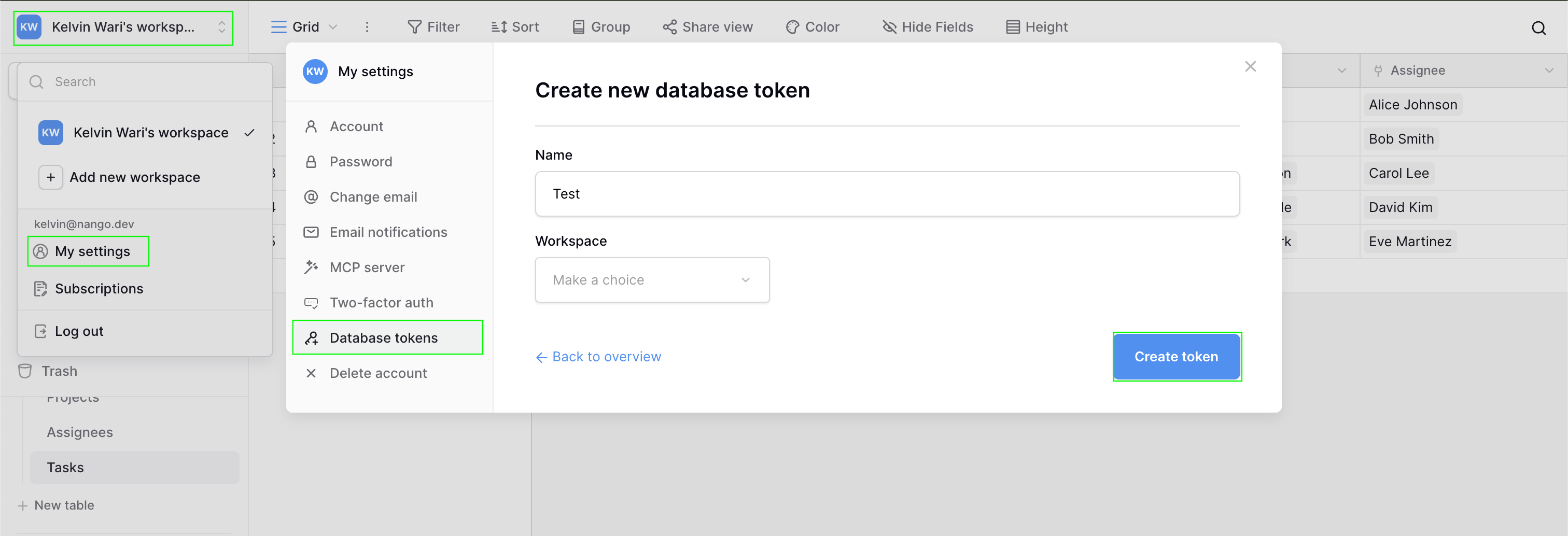 Baserow account settings with the Database tokens section open
