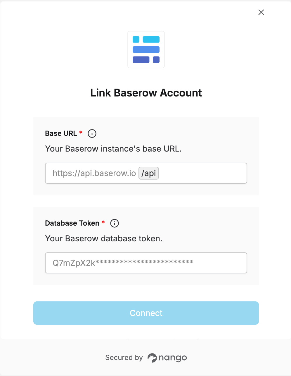 Nango Connect UI form with fields for Base URL and Database Token