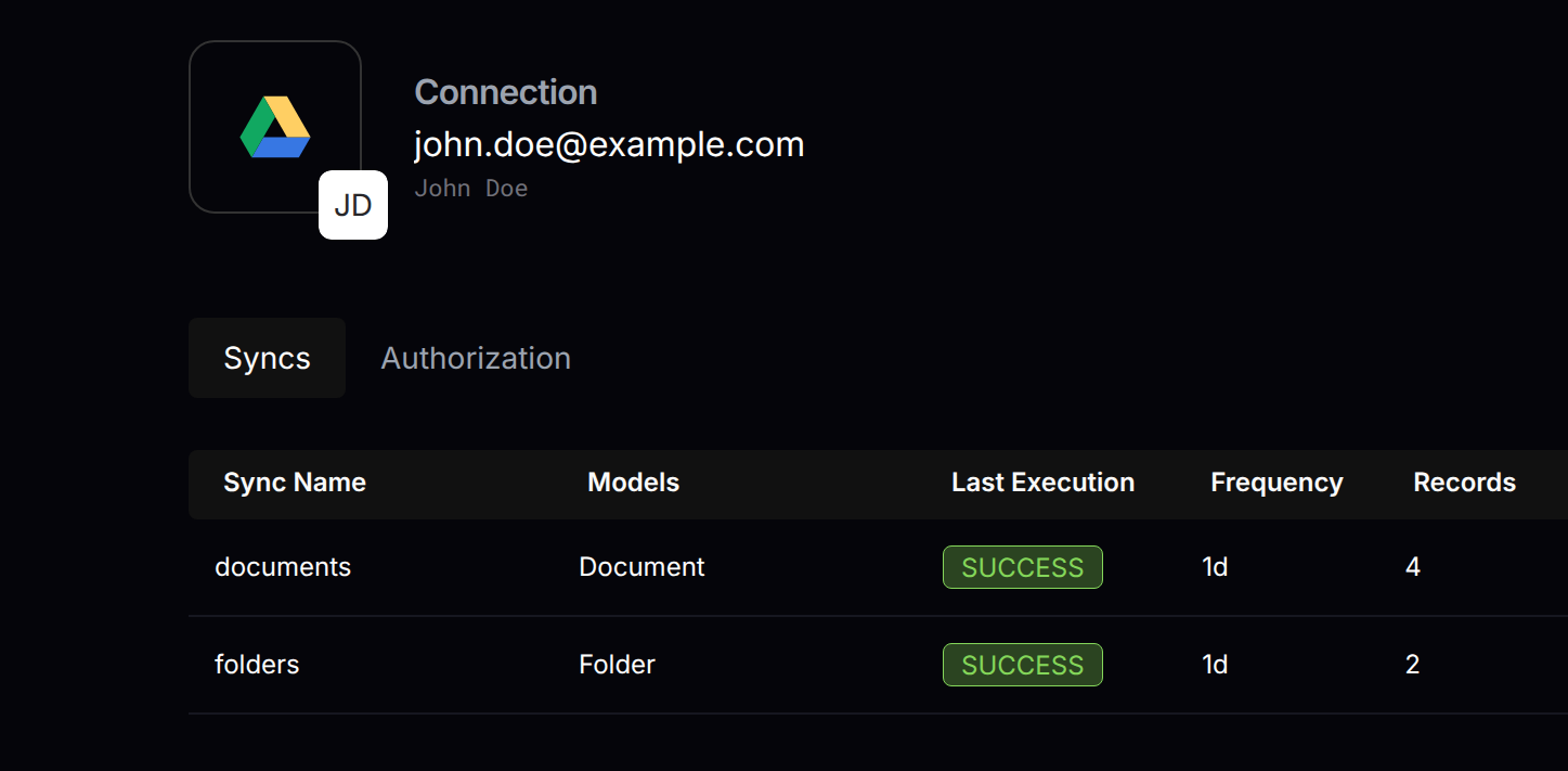 Nango dashboard showing sync status and file list