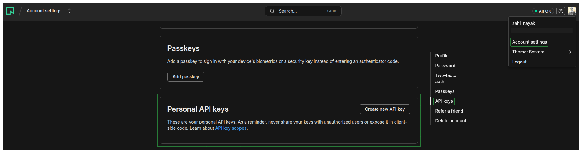 Neon console API keys page with the newly created API key