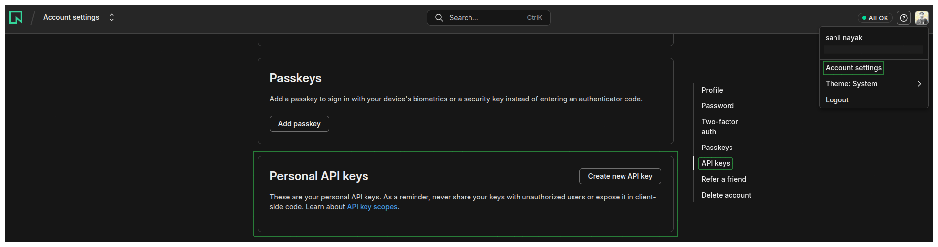Neon console API keys page with the newly created API key