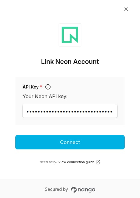 Nango Connect UI form with an API Key field for Neon