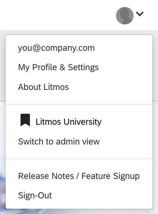Litmos profile menu with My Profile & Settings.