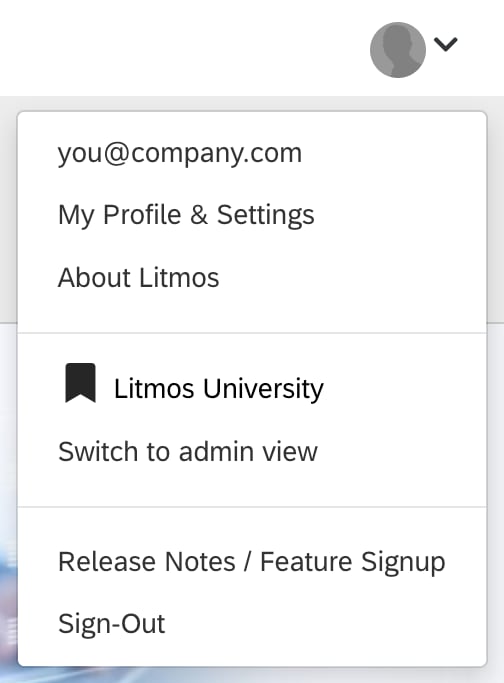 Litmos profile menu with My Profile & Settings.