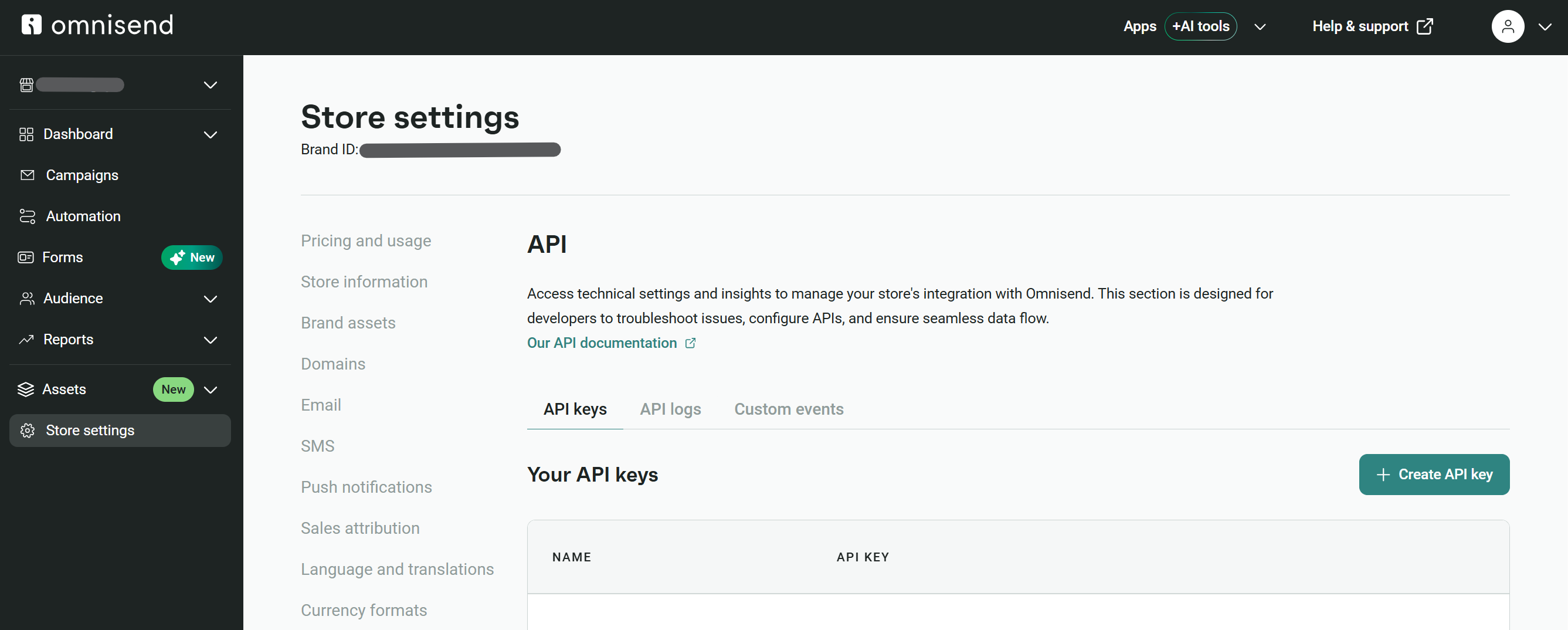 Omnisend Store settings page with the API keys tab selected