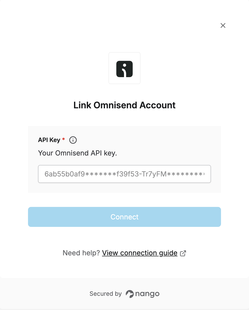 Nango Connect UI for Omnisend with the credential field and Connect button