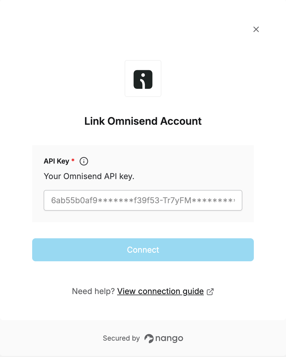 Nango Connect UI for Omnisend with the credential field and Connect button