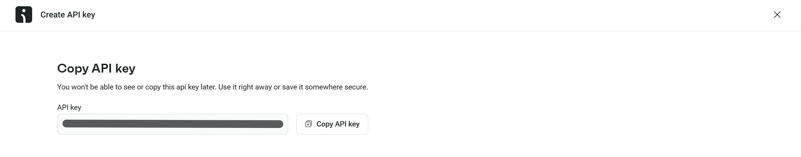 Omnisend screen for copying a newly created API key; the key value is redacted