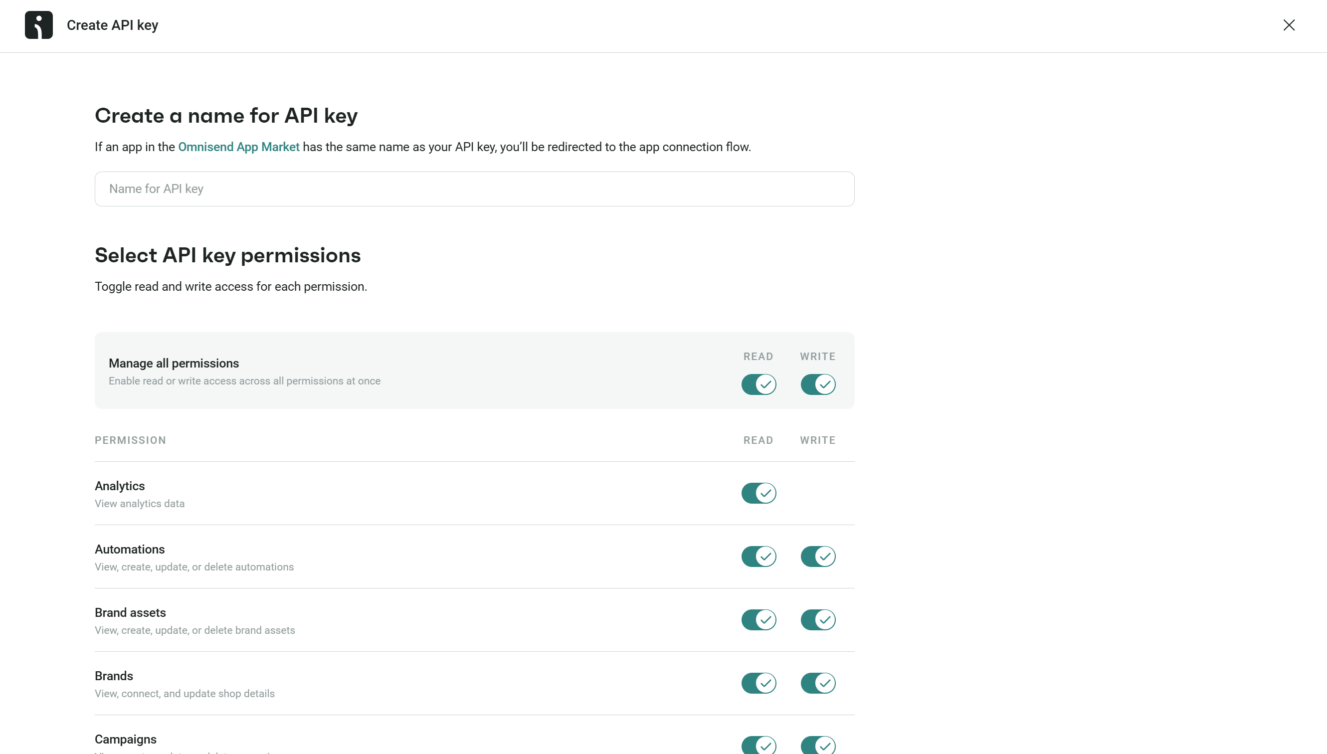 Omnisend Create API key form with name and permission controls