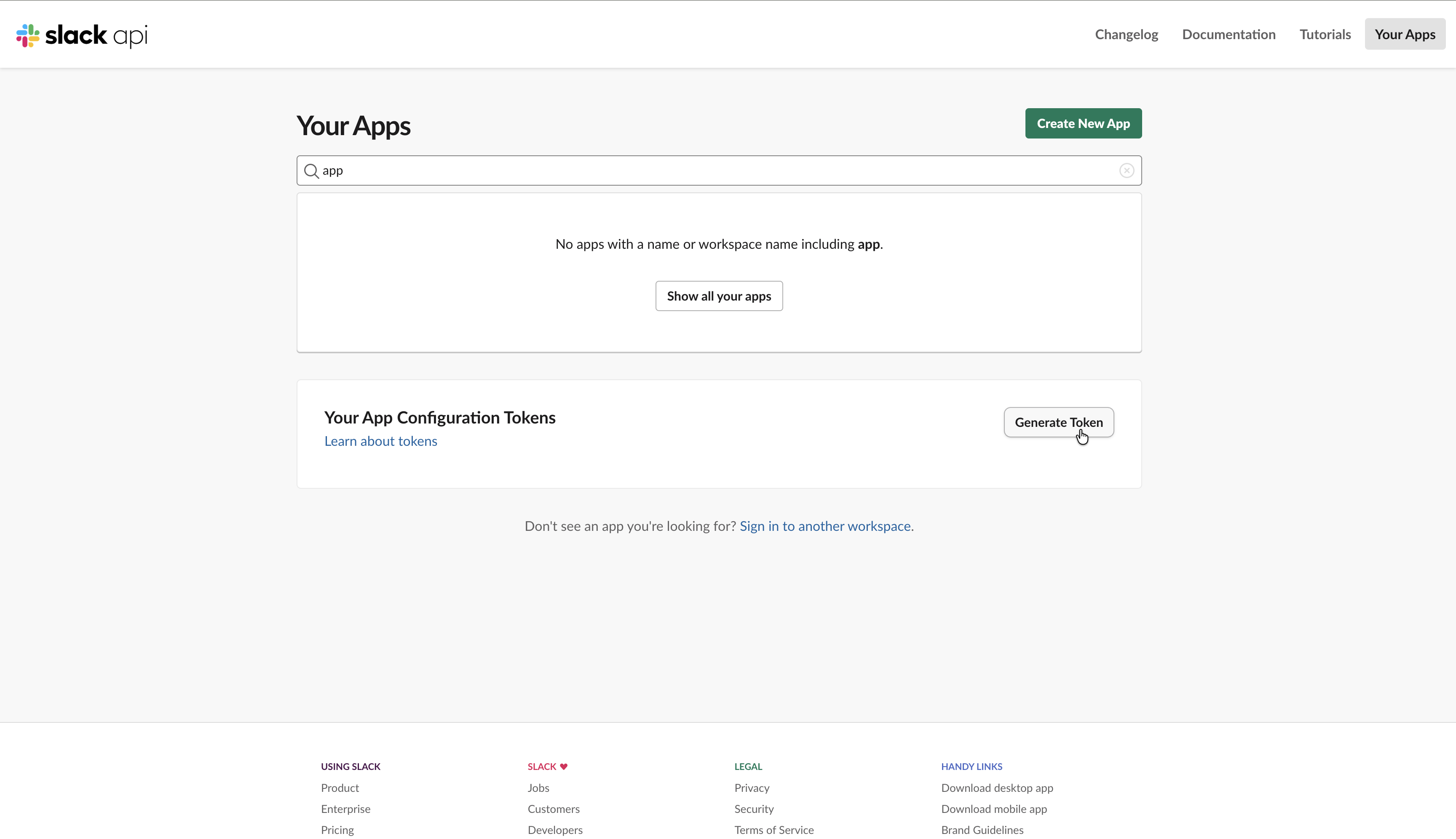 Slack api.slack.com/apps page showing the Your App Configuration Tokens section with the Generate Token button