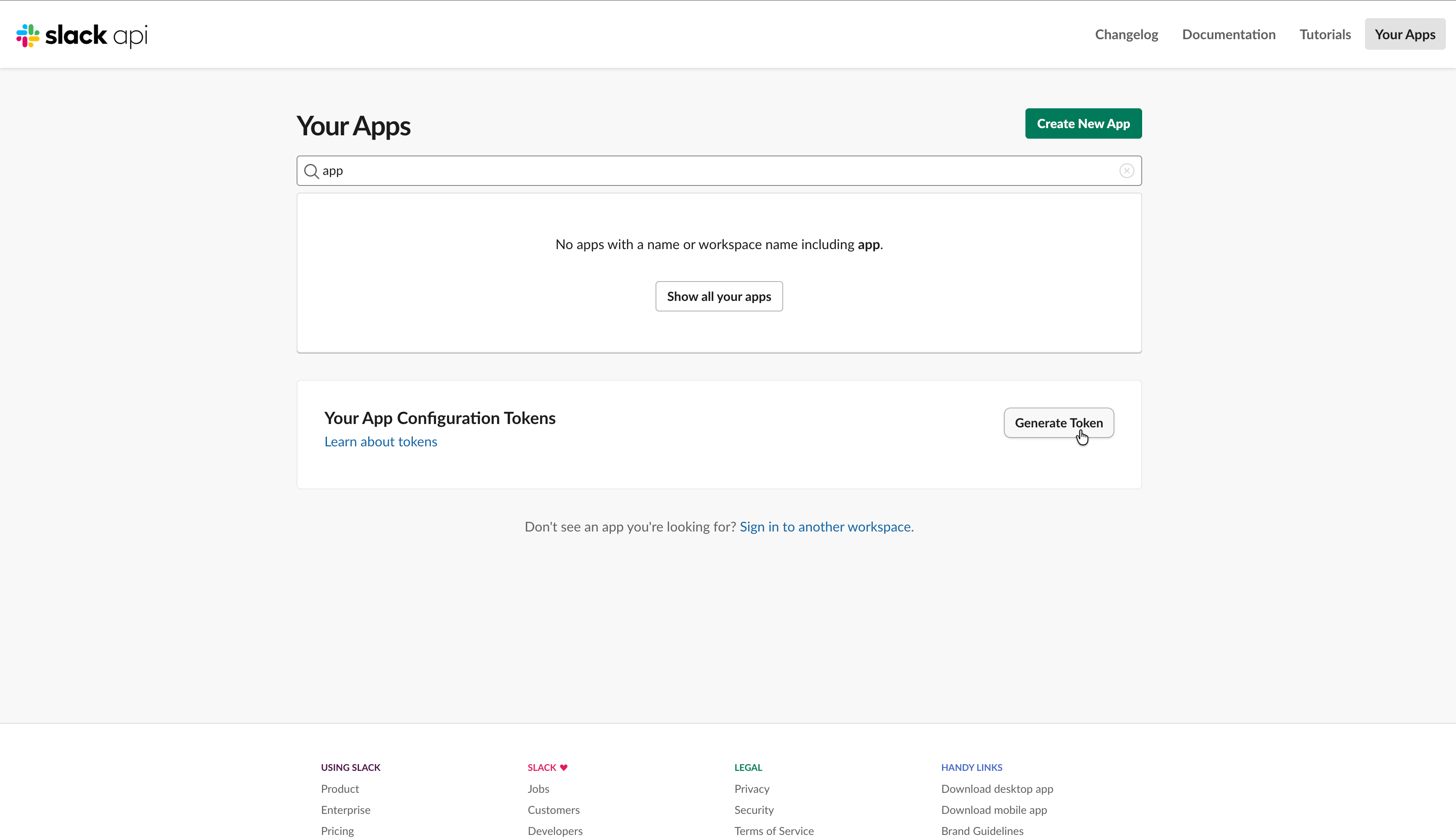 Slack api.slack.com/apps page showing the Your App Configuration Tokens section with the Generate Token button
