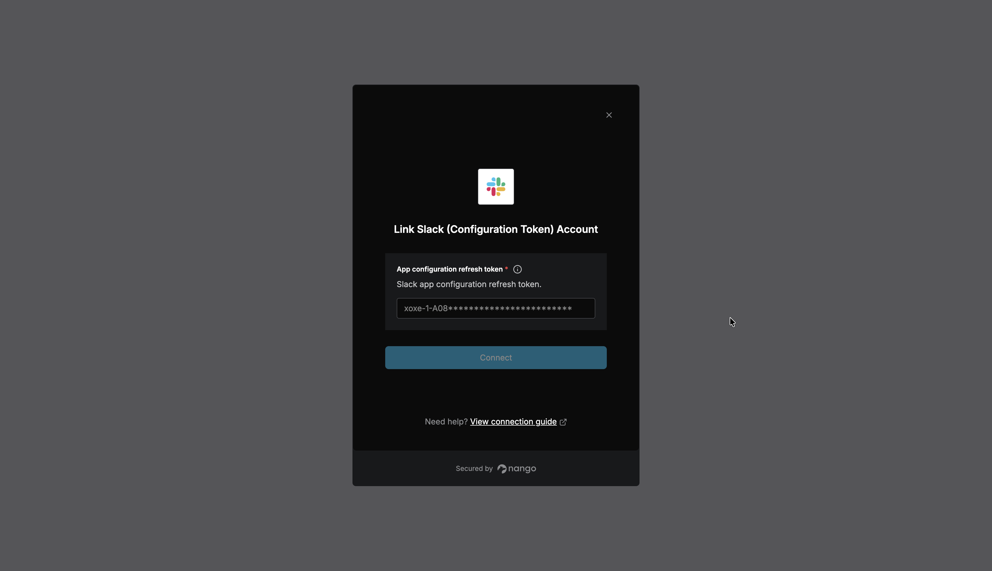 Nango Connect UI for Slack (Configuration Token) with the App configuration refresh token field and Connect button