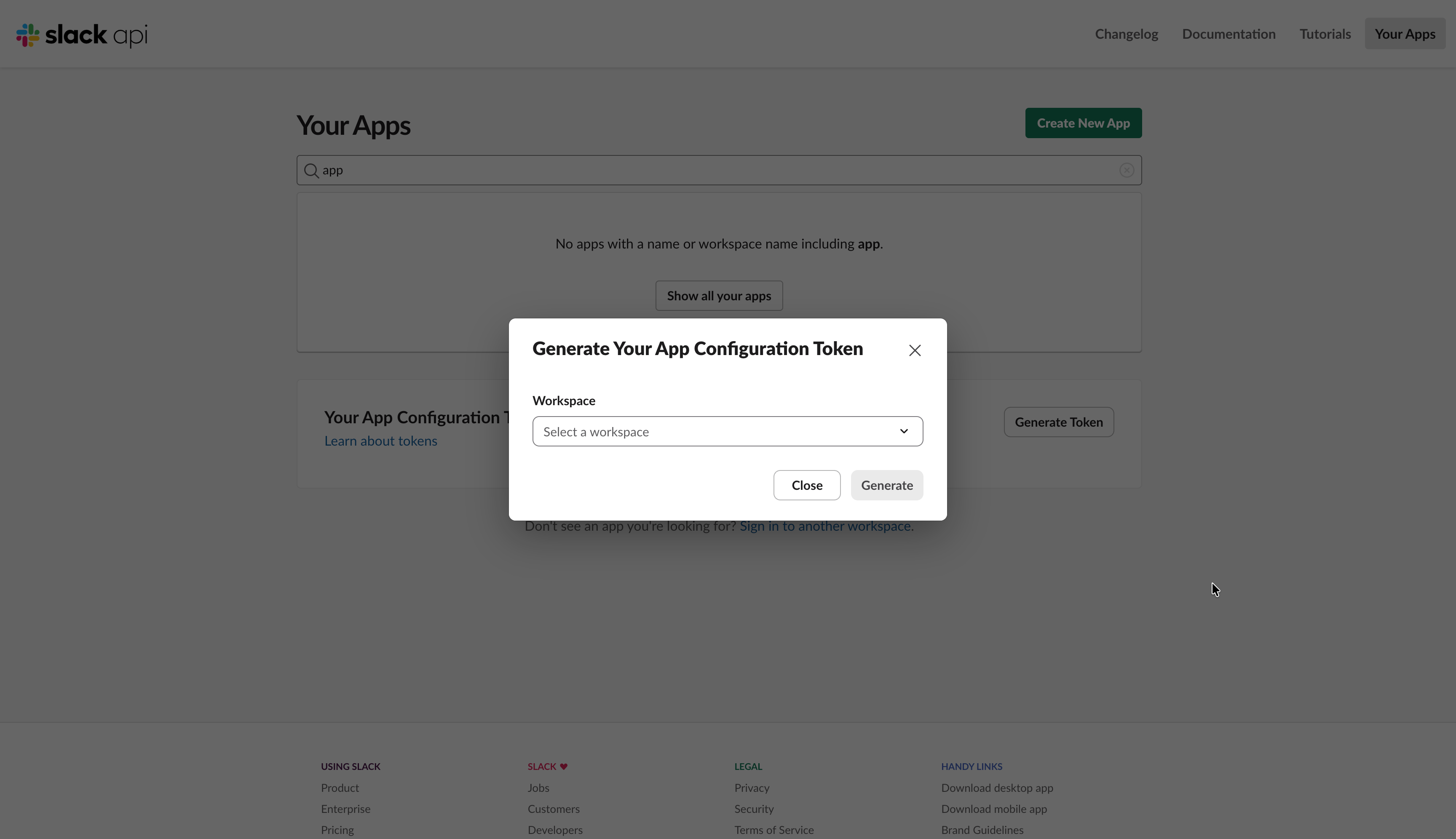 Slack app configuration token list with the Refresh Token value ready to copy