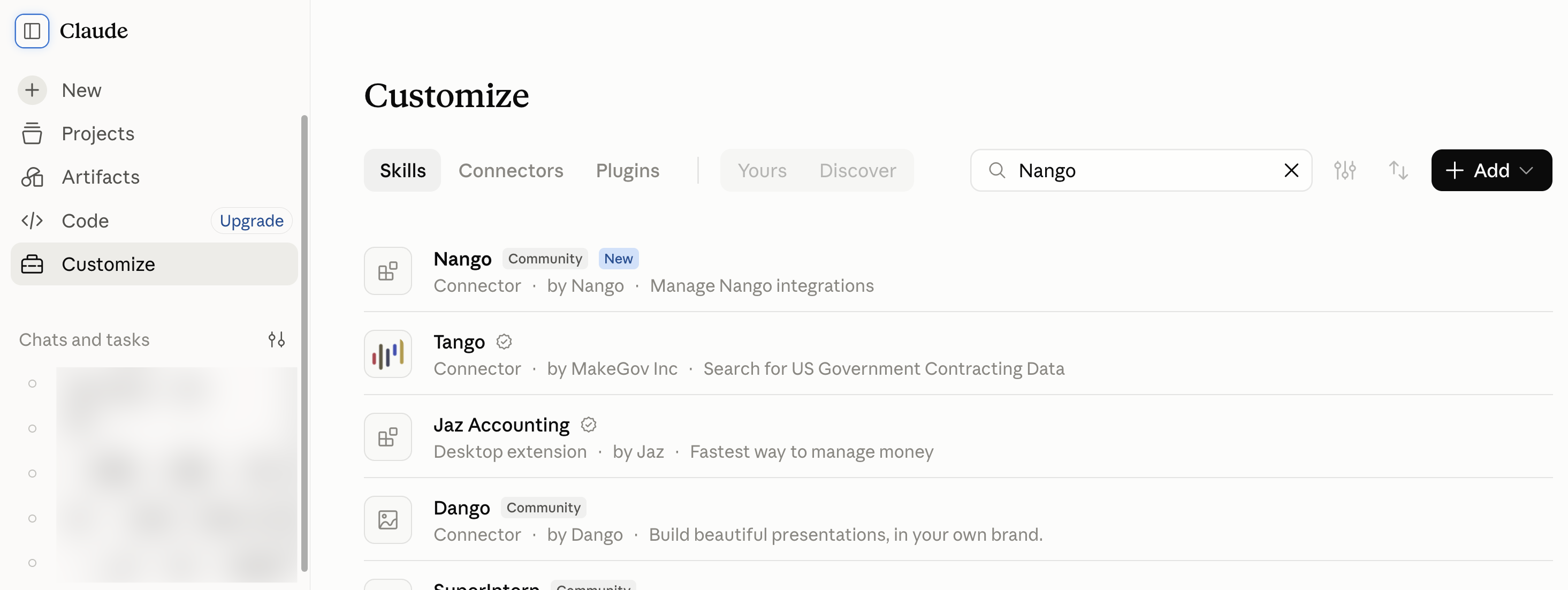 The Nango connector in Claude's connector directory