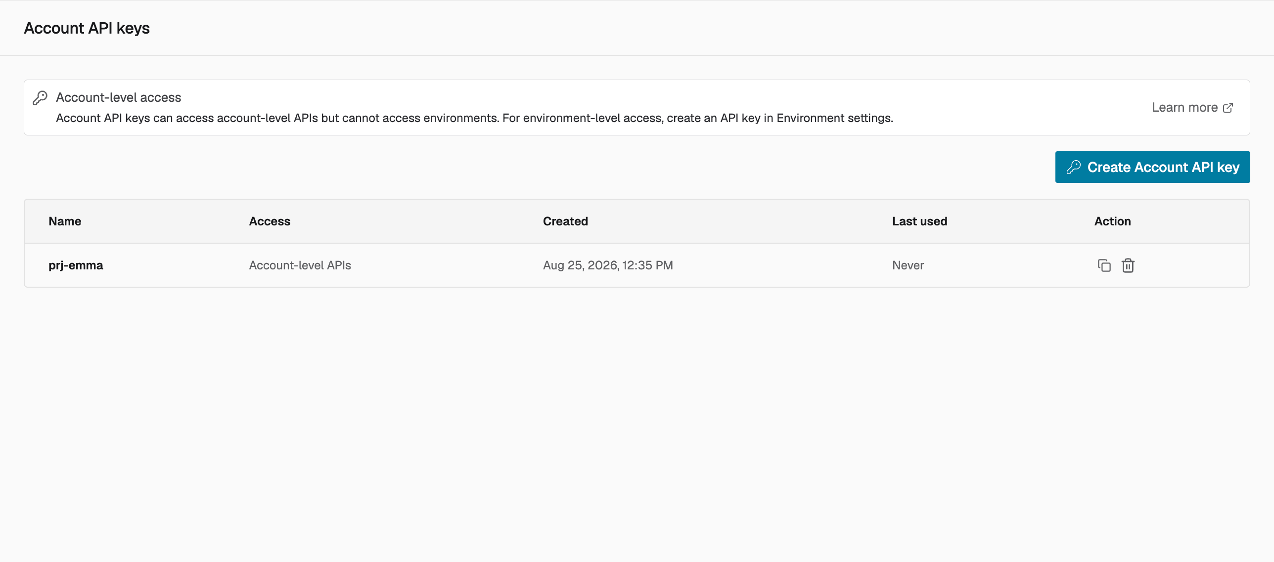 Account API keys page in the dashboard