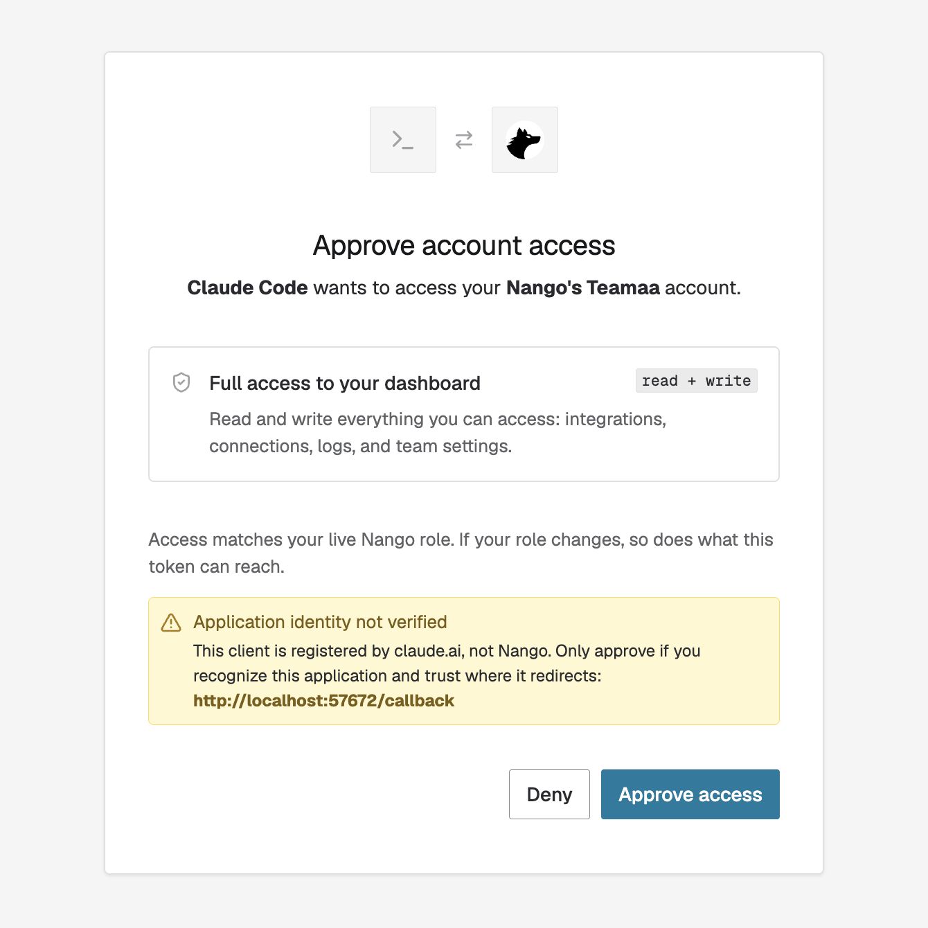 Nango consent screen for the Management MCP OAuth flow