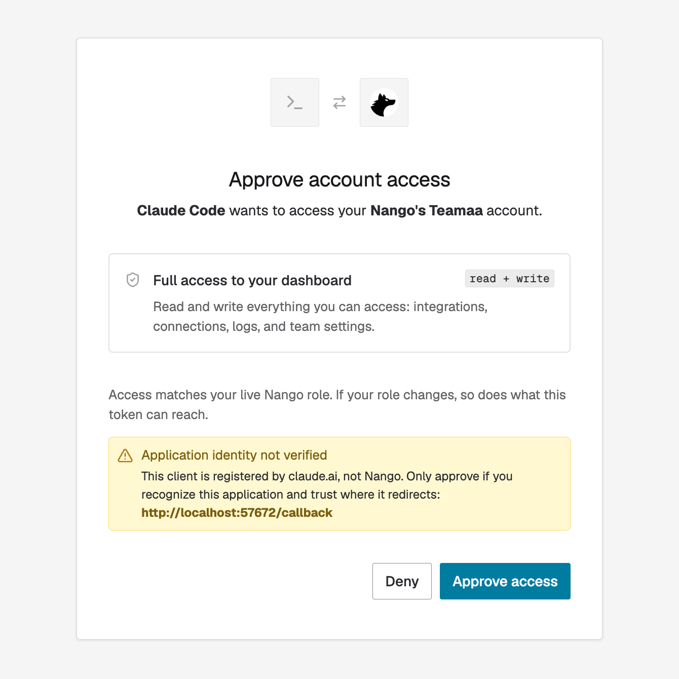 Nango consent screen for the Management MCP OAuth flow
