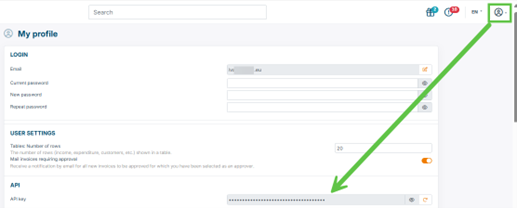 Billit My profile page showing the masked API key in the API section