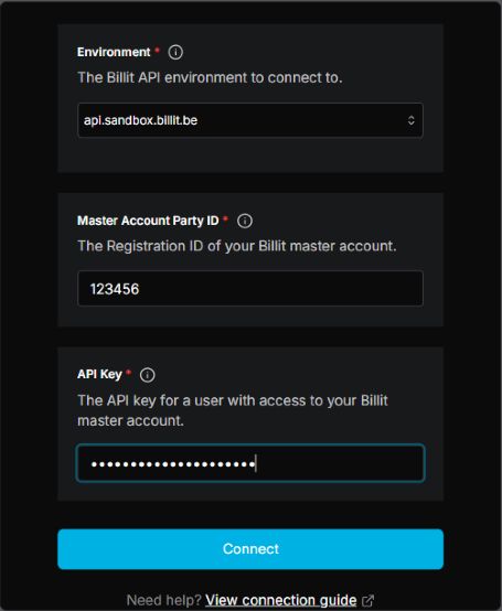 Nango Connect UI form with Environment, Master Account Party ID, and API Key fields for Billit