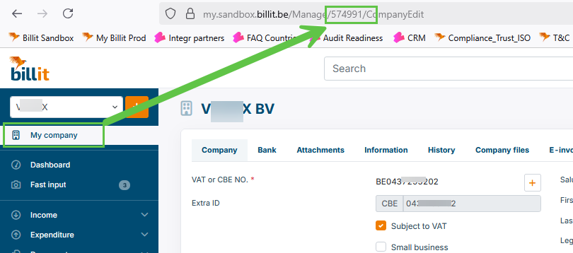 Billit My company page with the Party ID highlighted in the browser address bar