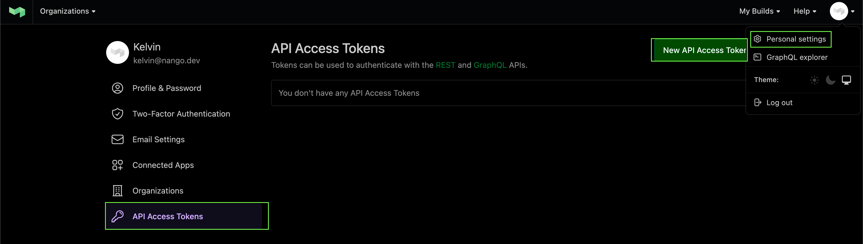 Buildkite API Access Tokens page opened from Personal settings, with the New API Access Token button