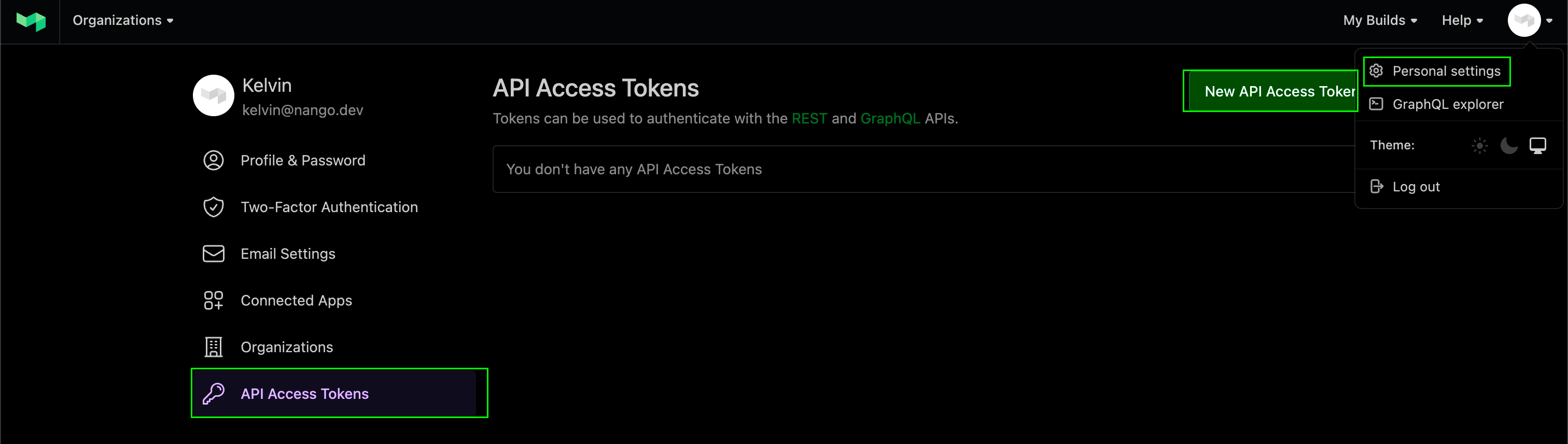 Buildkite API Access Tokens page opened from Personal settings, with the New API Access Token button
