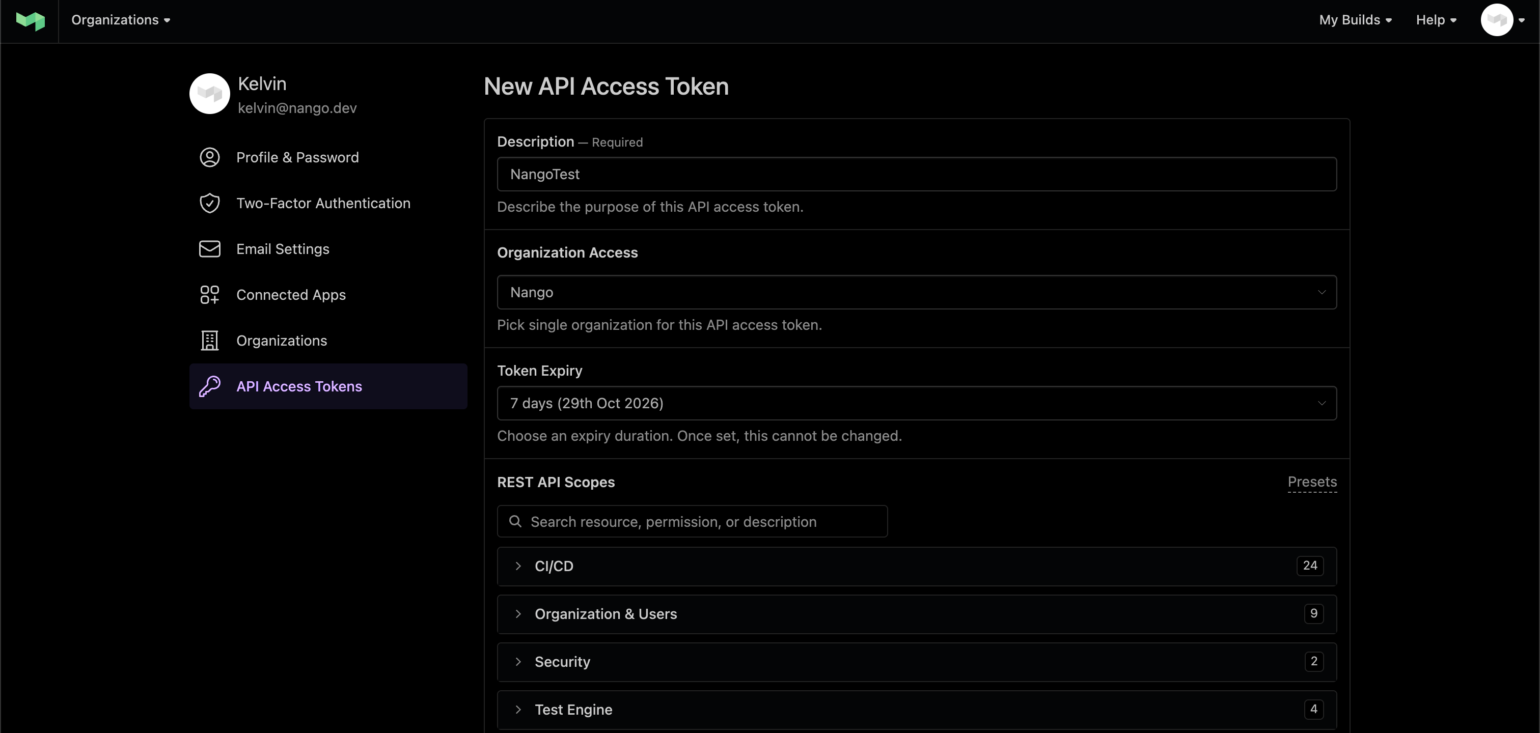 Buildkite New API Access Token form with Description, Organization Access, Token Expiry, and REST API Scopes