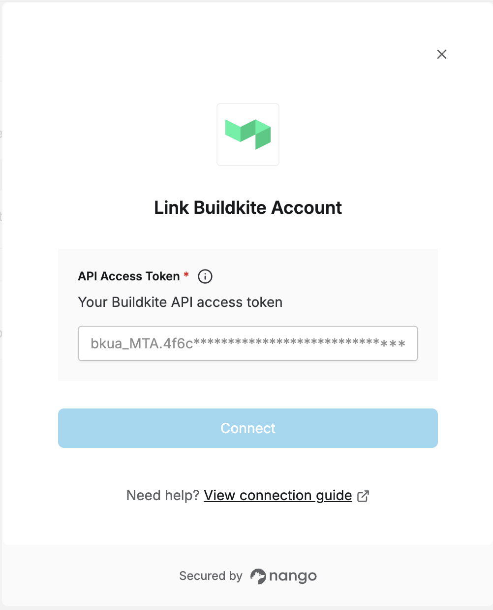 Nango Connect UI form with the Buildkite API Access Token field