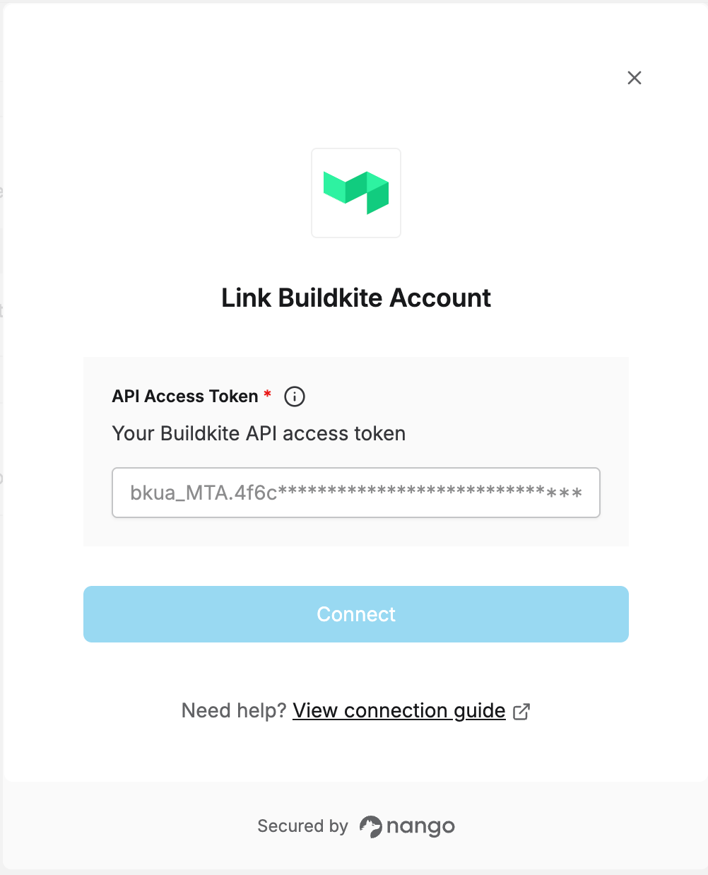 Nango Connect UI form with the Buildkite API Access Token field