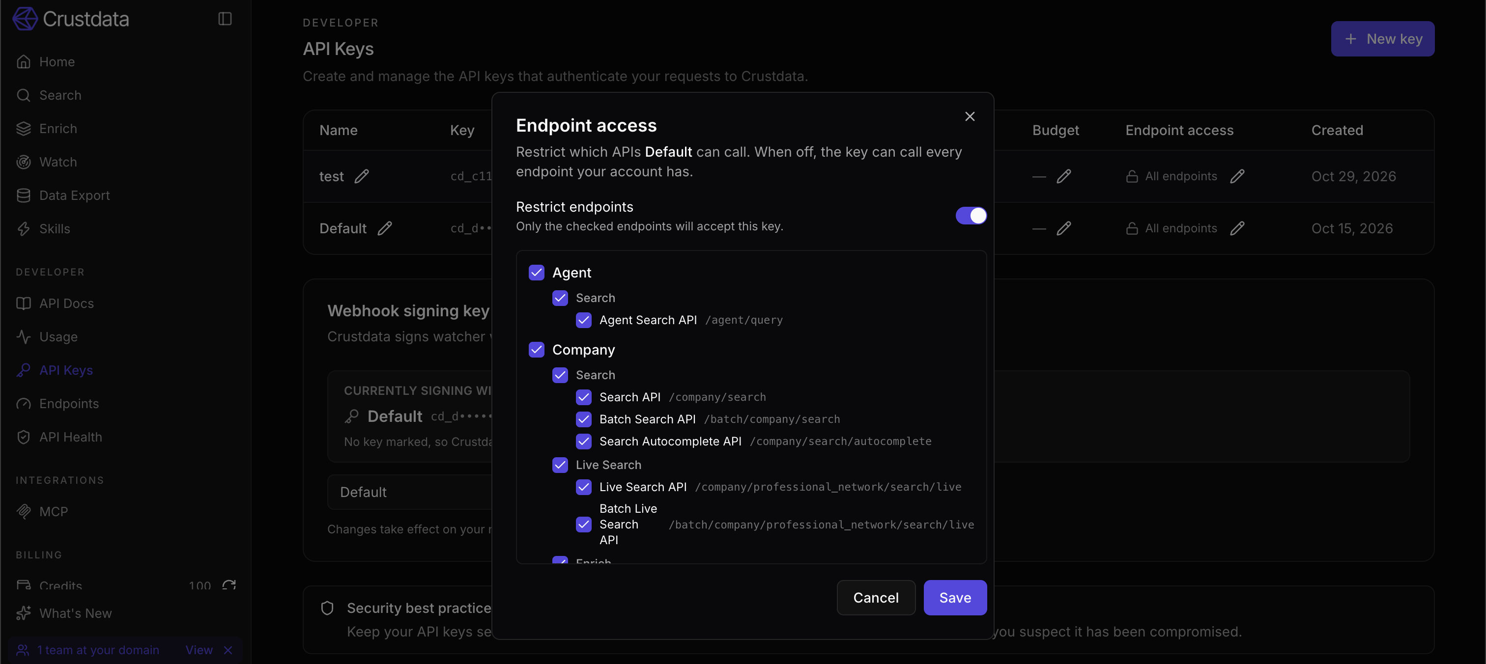 Crustdata Endpoint access dialog with Restrict endpoints turned on and endpoints selected