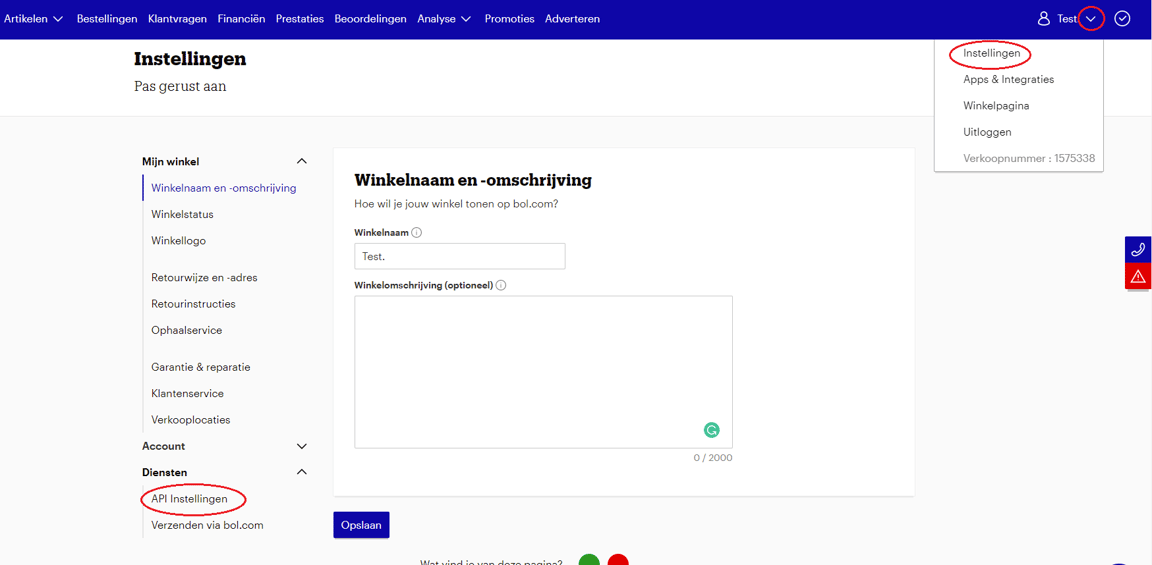 bol.com seller account settings with API settings selected under Services