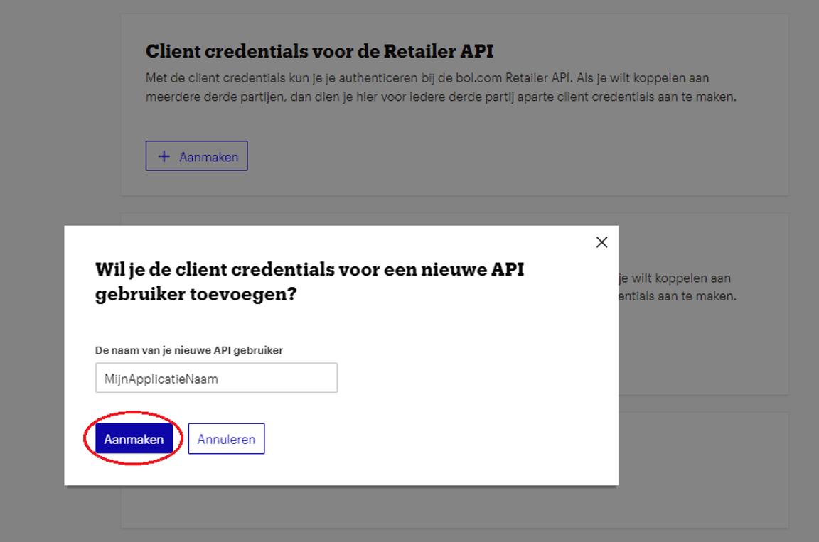 bol.com dialog for naming and creating Retailer API client credentials