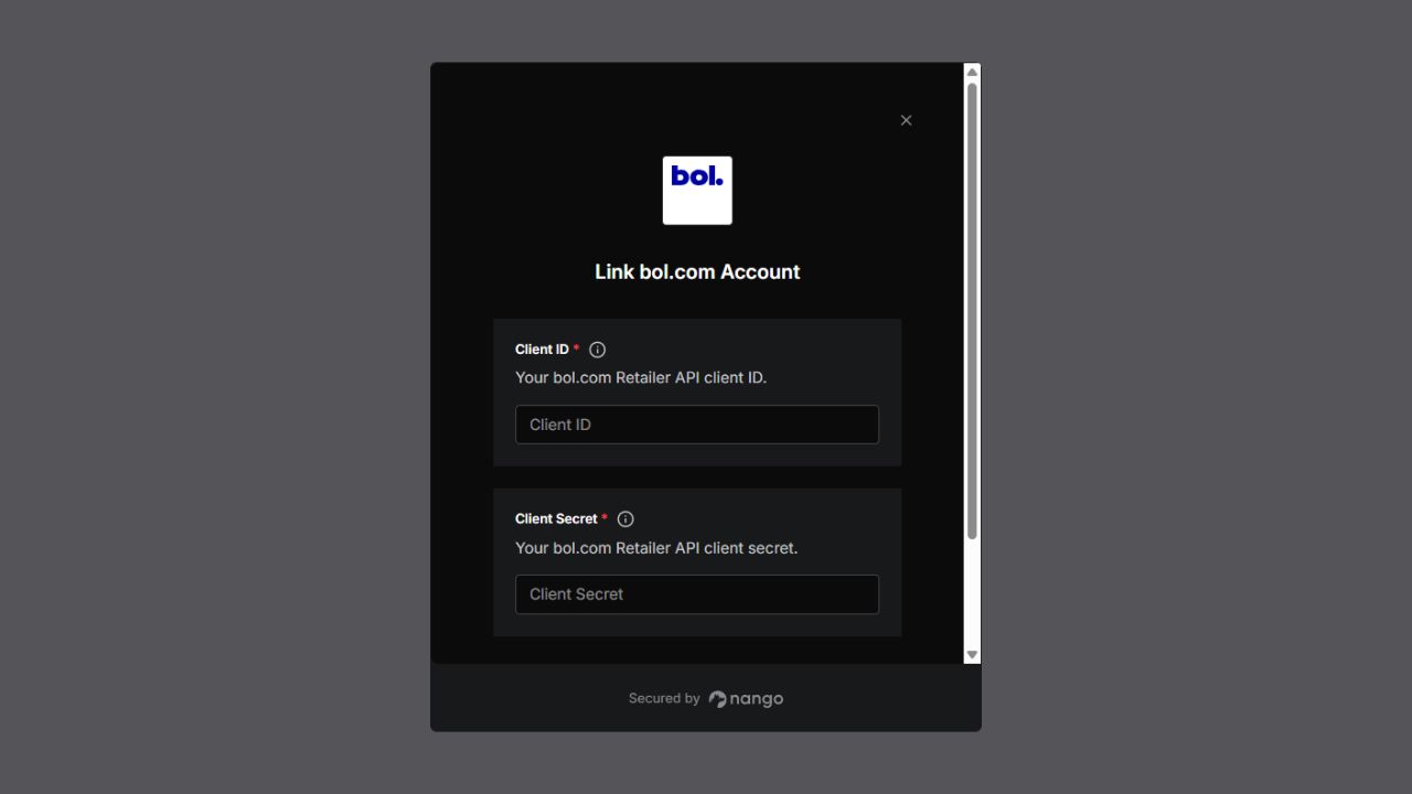 bol.com Connect form with Client ID and Client Secret fields