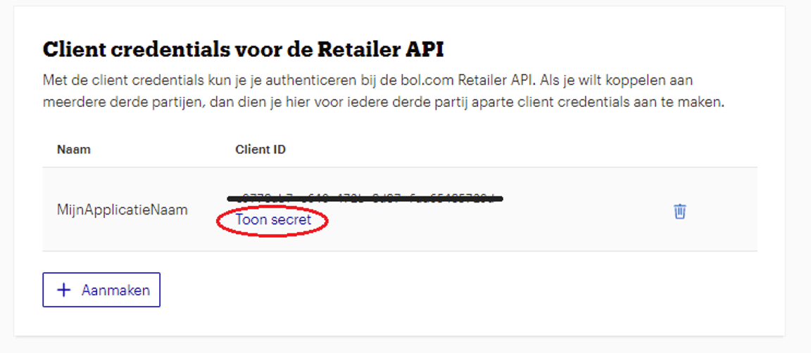 bol.com Retailer API credentials with the Client ID and Show secret option
