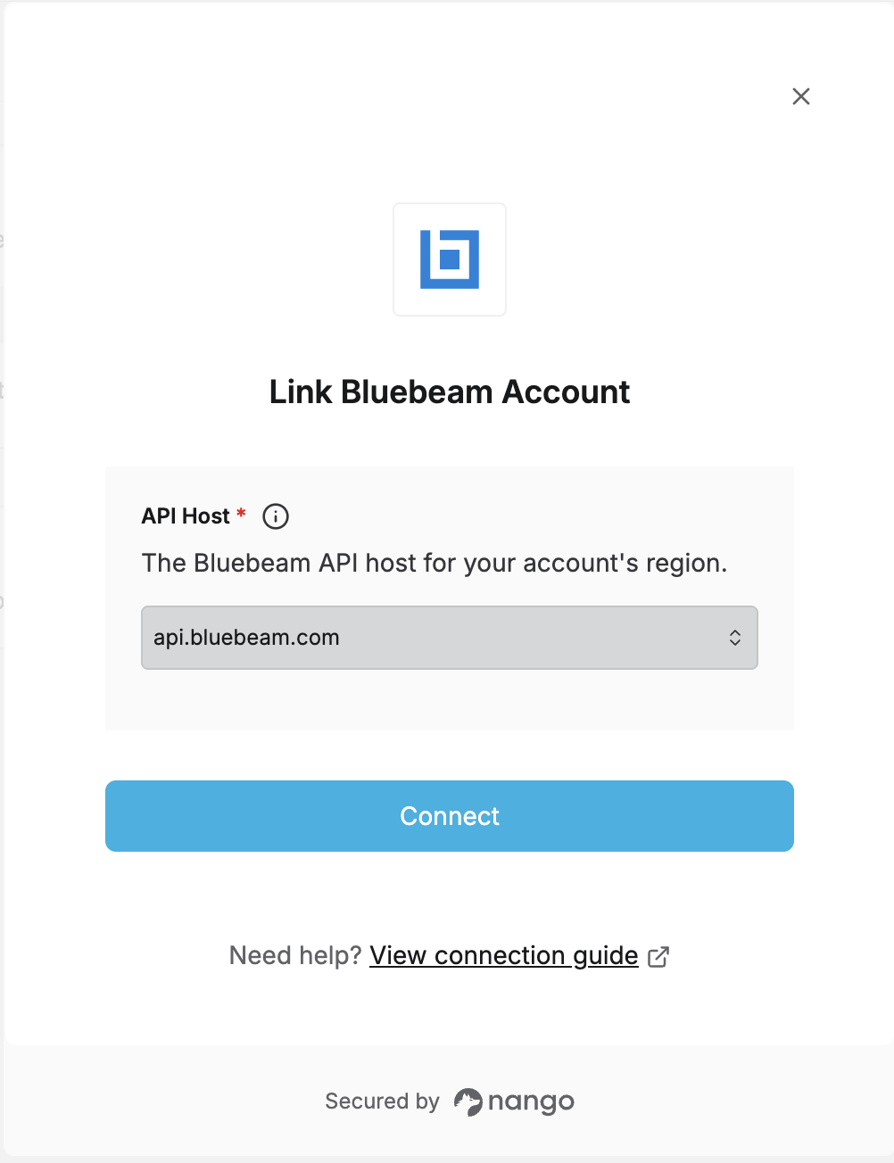 Nango Connect UI form with the Bluebeam API Host dropdown