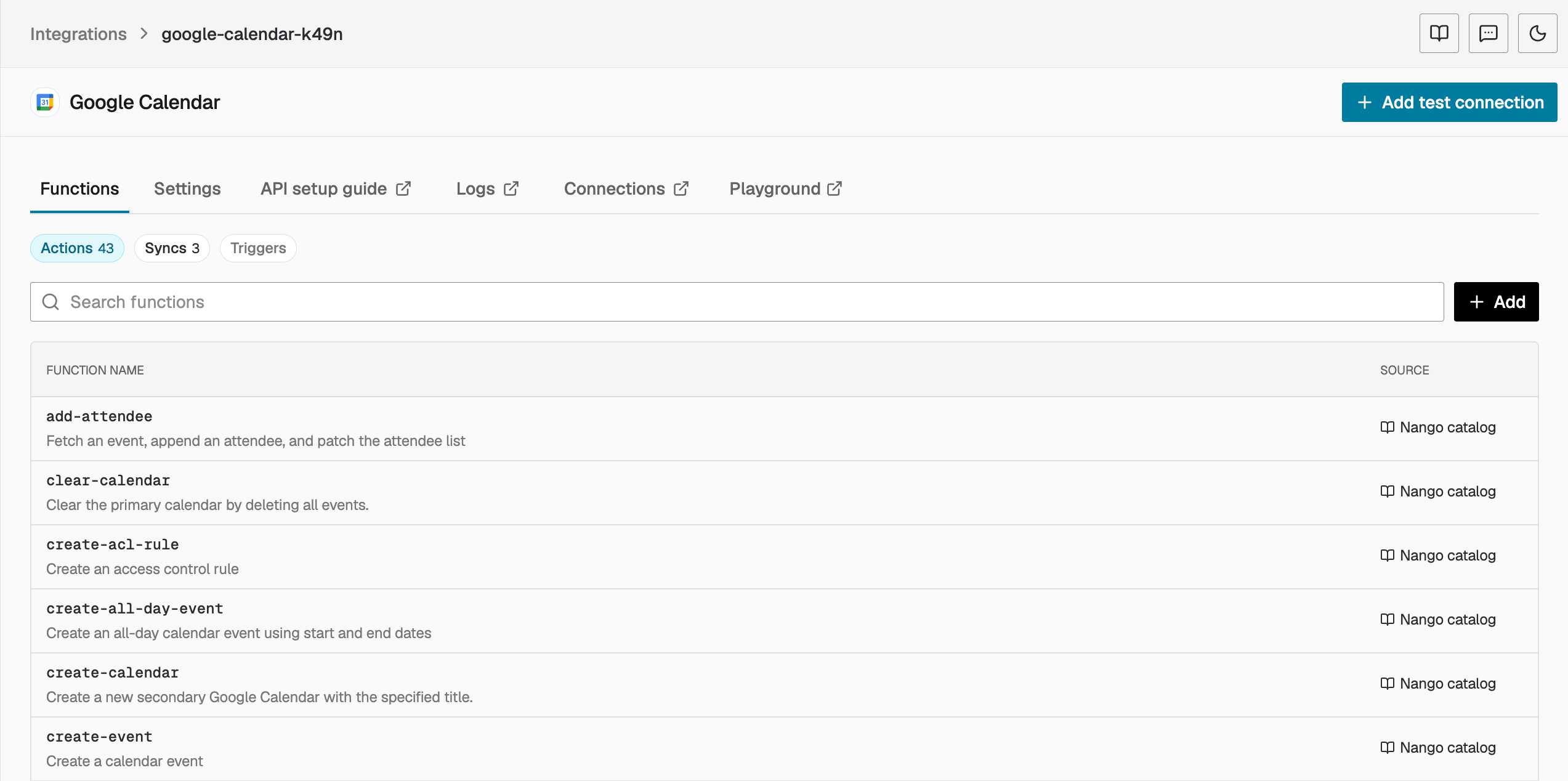 Catalog actions listed on an integration's Functions tab