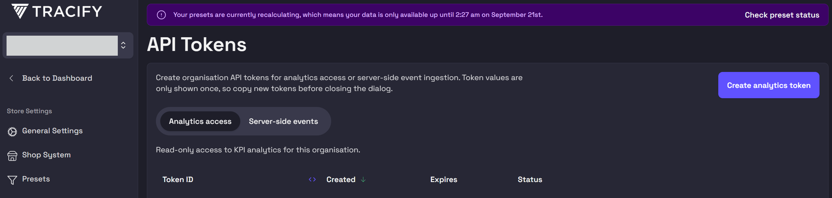 Tracify API Tokens page