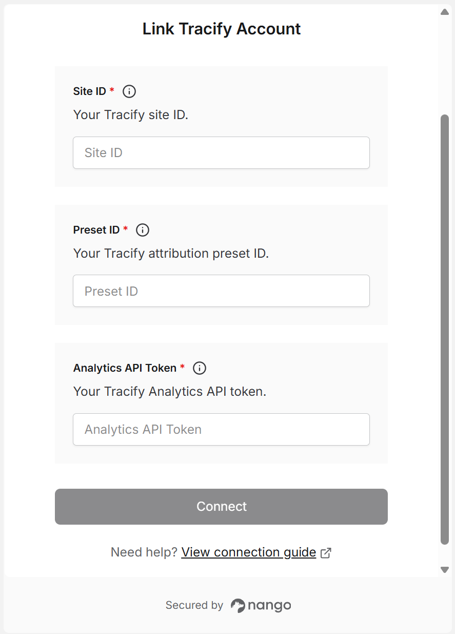 Nango Connect form for Tracify
